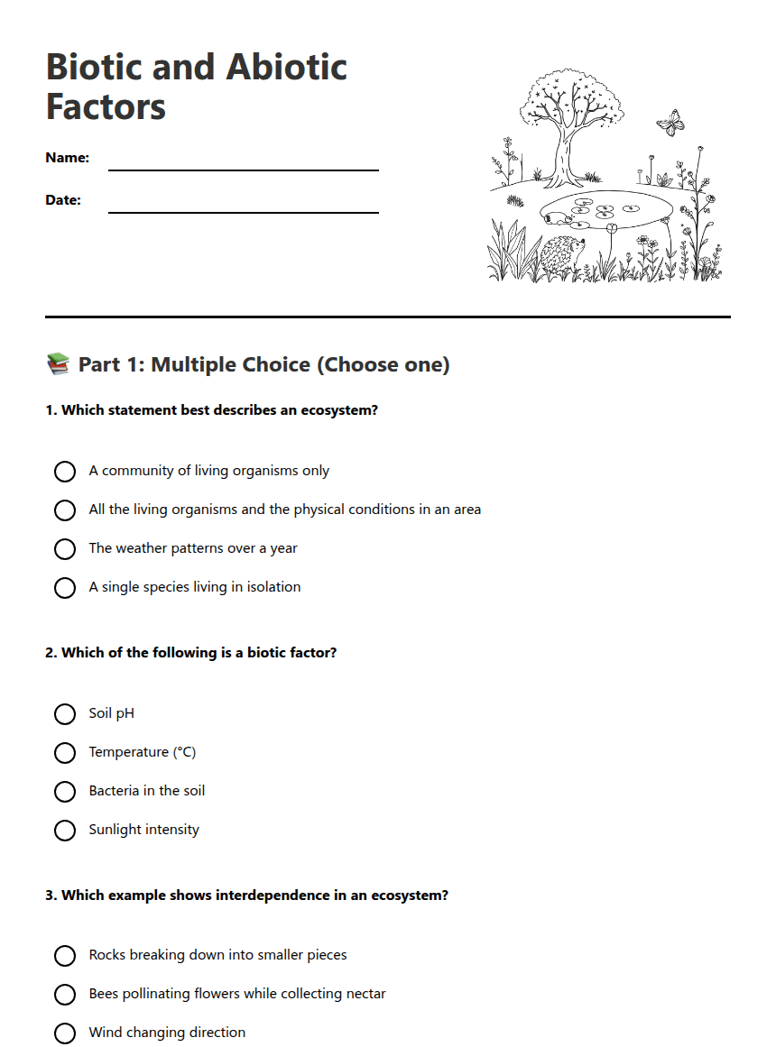 Biotic and Abiotic Factors worksheet preview