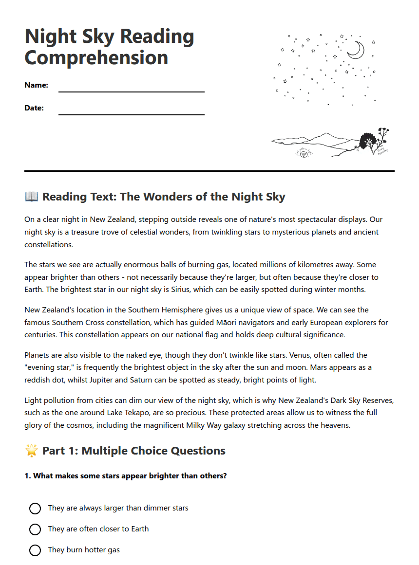 Night Sky Reading Comprehension worksheet preview