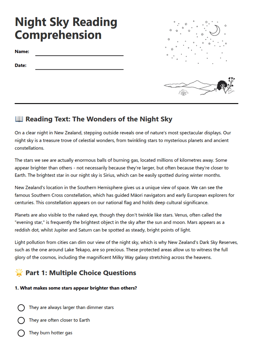 Night Sky Reading Comprehension