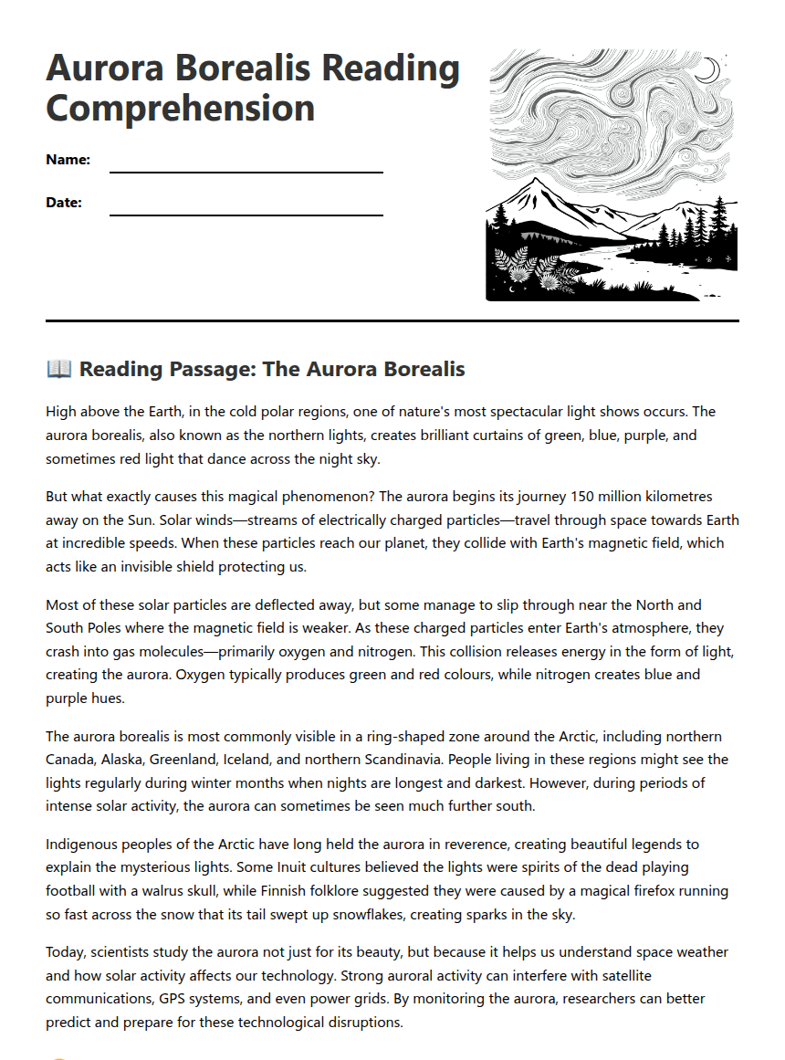 Aurora Borealis Reading Comprehension worksheet preview