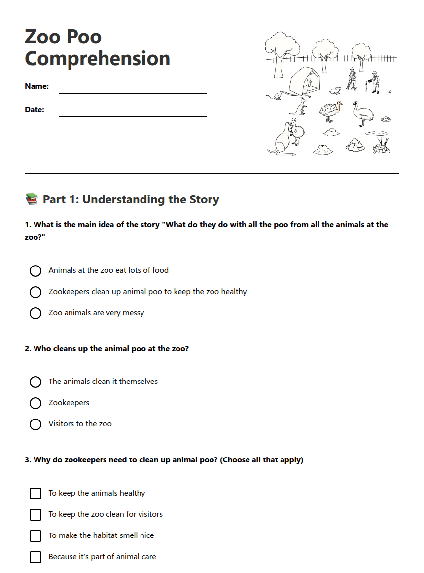 Zoo Poo Comprehension worksheet preview