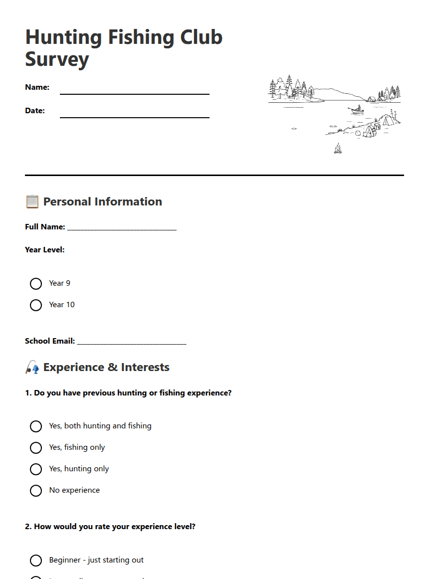 Hunting and Fishing Club Survey worksheet preview