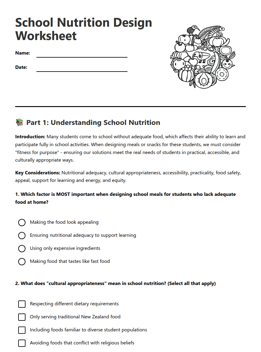 School Nutrition Design Worksheet worksheet preview