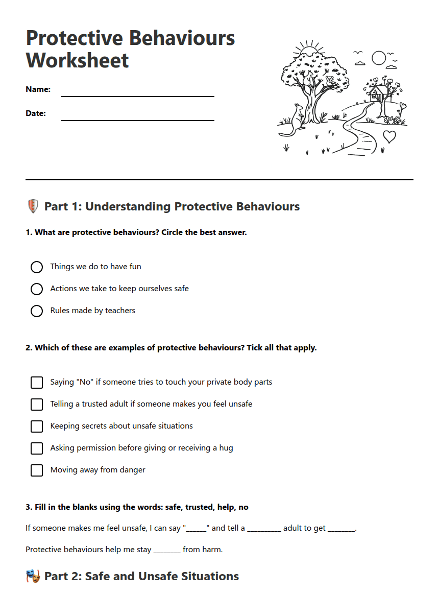 Protective Behaviours Worksheet worksheet preview