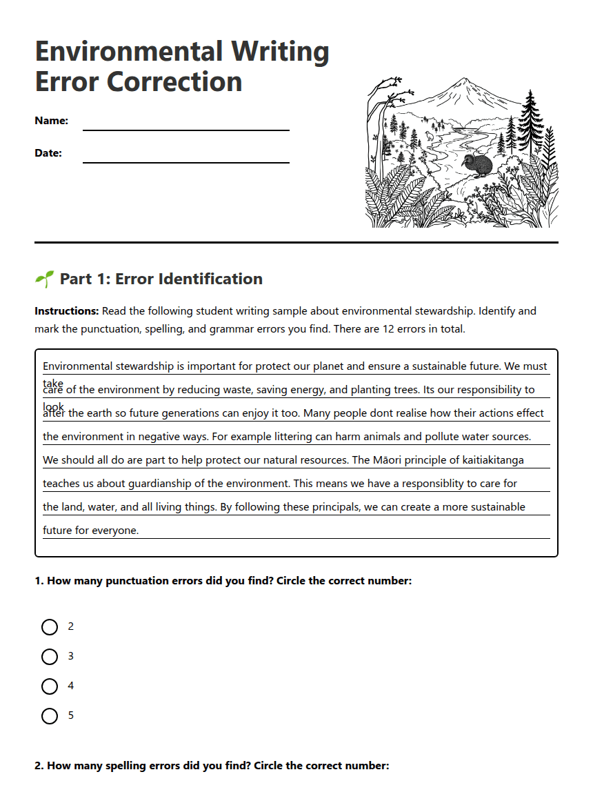Environmental Writing Error Correction worksheet preview