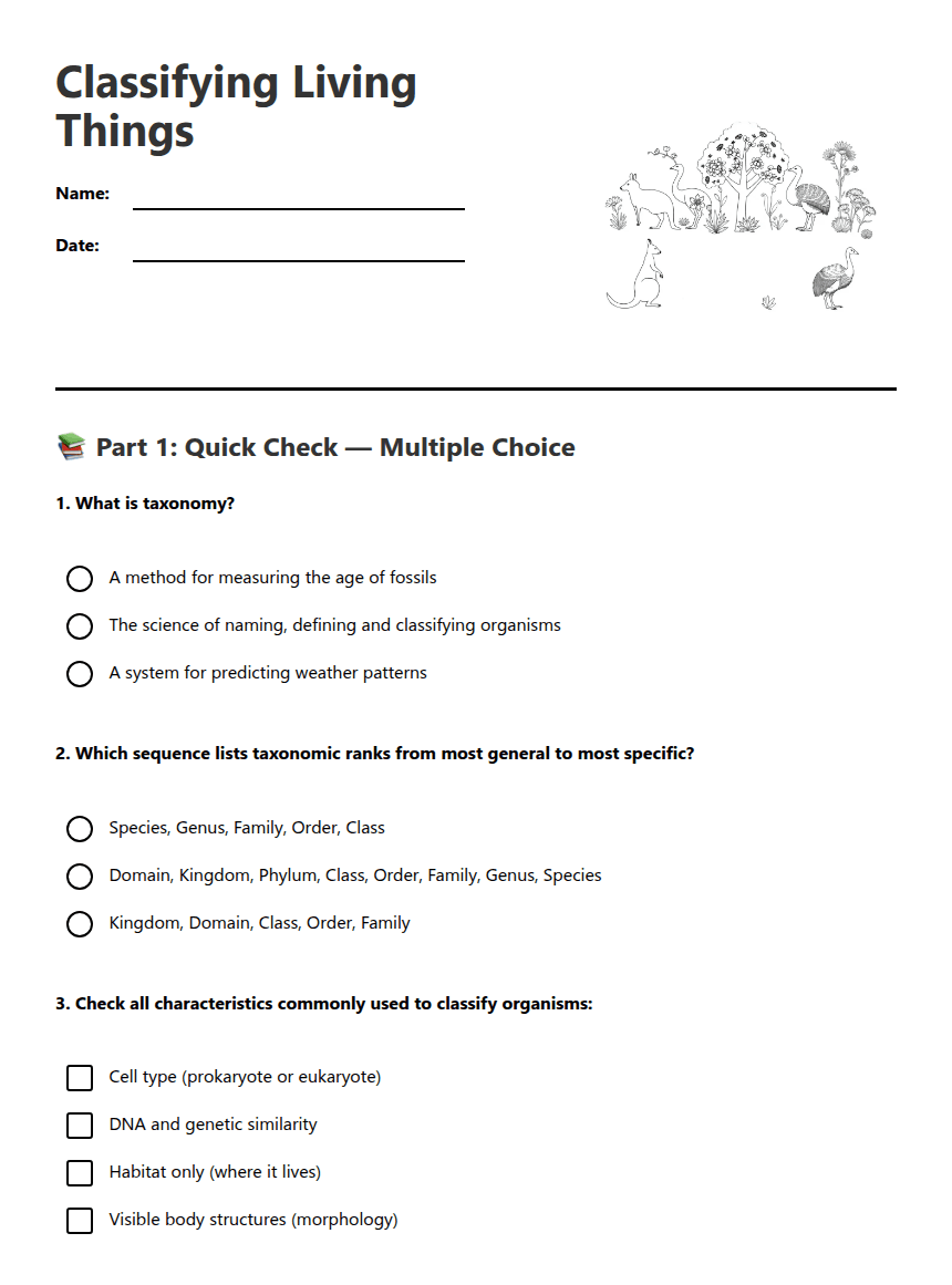 Classifying Living Things worksheet preview