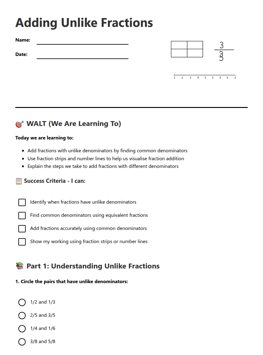 Adding Unlike Fractions worksheet preview