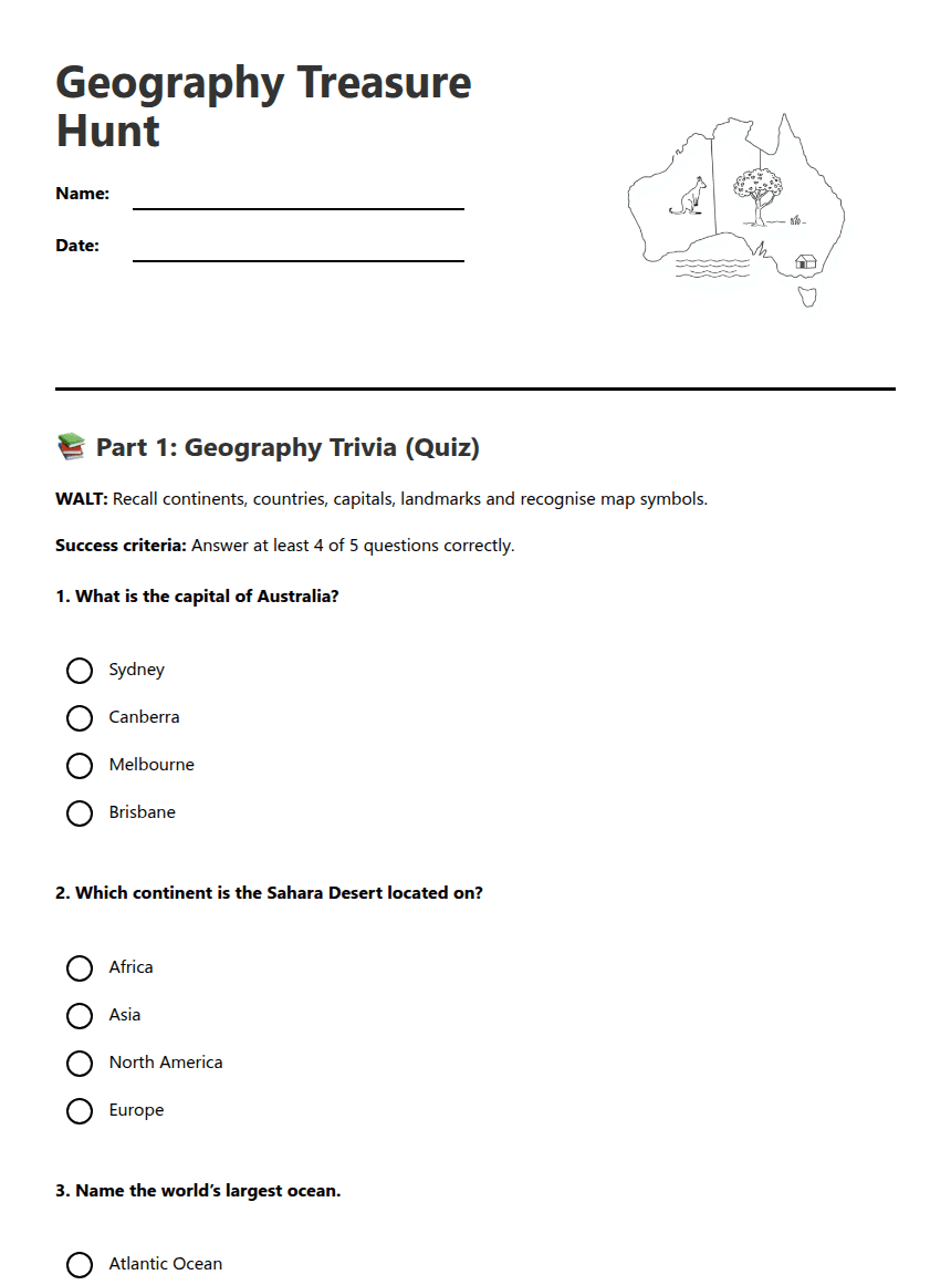 Geography Treasure Hunt worksheet preview