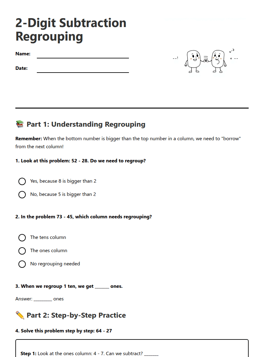 2-Digit Subtraction Regrouping worksheet preview