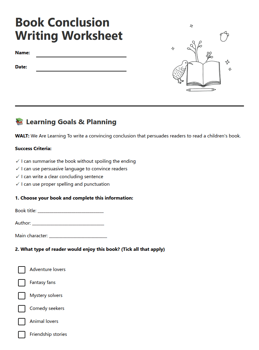 Book Conclusion Writing Worksheet worksheet preview