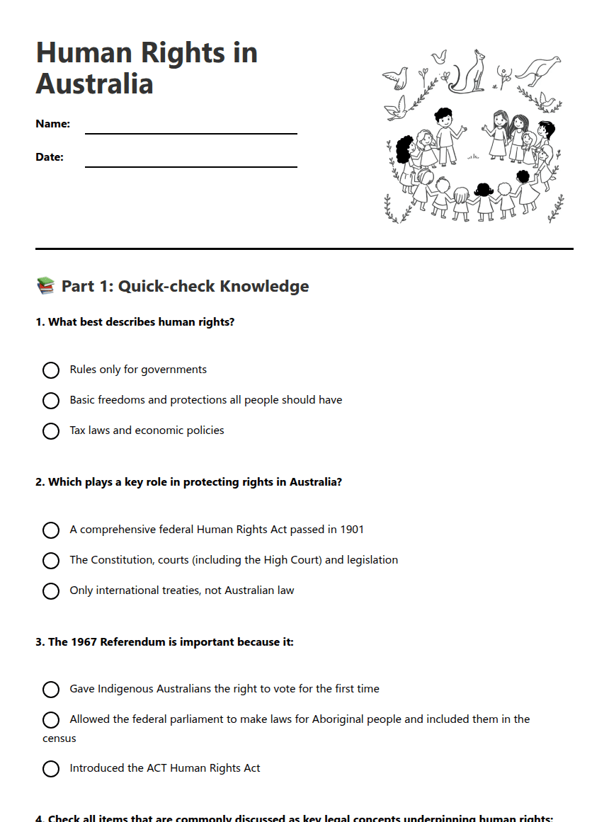 Human Rights in Australia worksheet preview