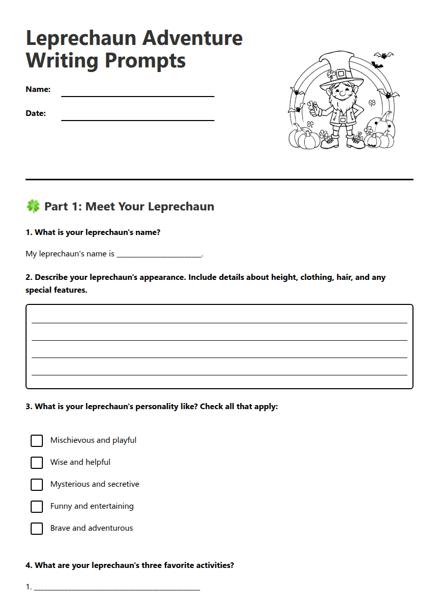 Leprechaun Adventure Writing Prompts worksheet preview