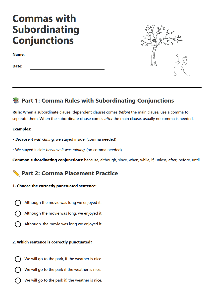 Commas with Subordinating Conjunctions worksheet preview