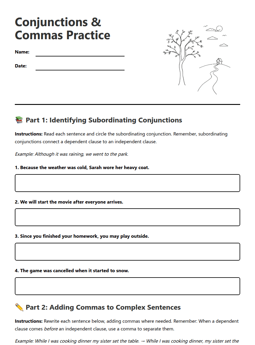 Conjunctions & Commas Practice worksheet preview