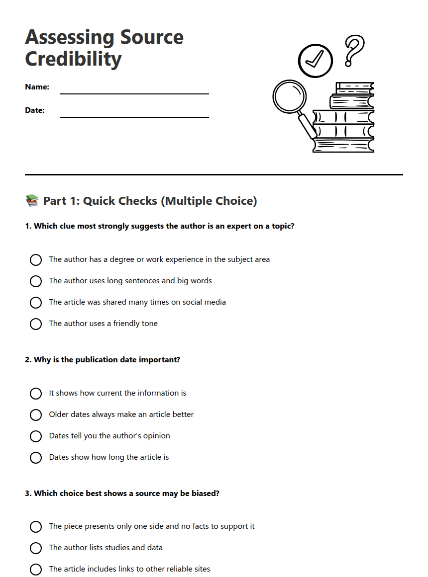 Assessing Source Credibility worksheet preview