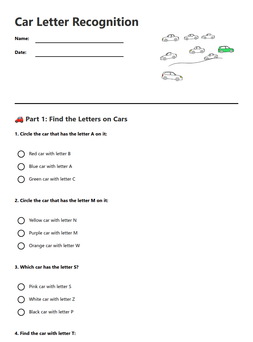Car Letter Recognition worksheet preview