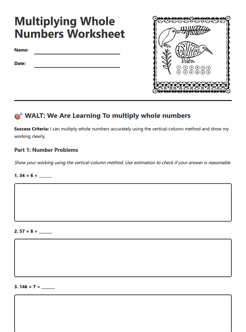 Multiplying Whole Numbers Worksheet