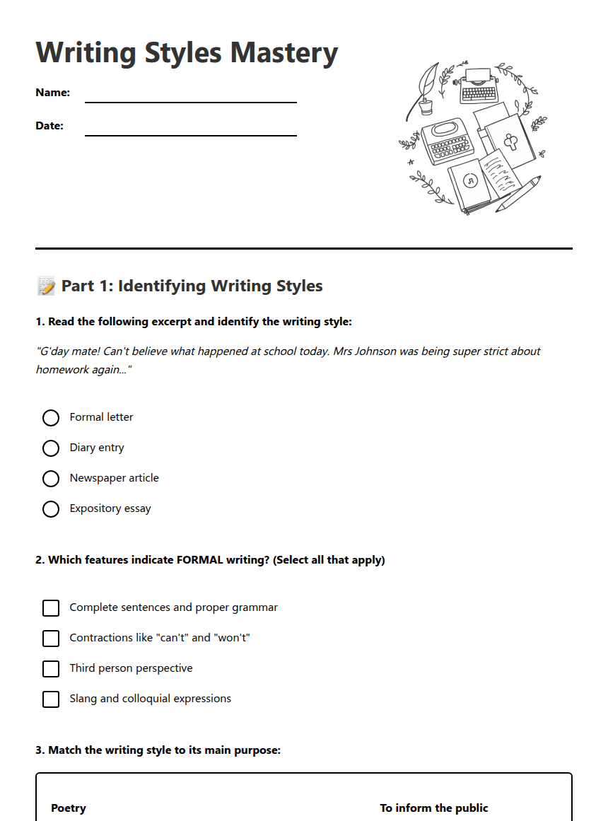 Writing Styles Mastery worksheet preview