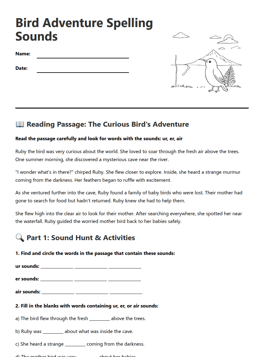 Bird Adventure Spelling Sounds worksheet preview