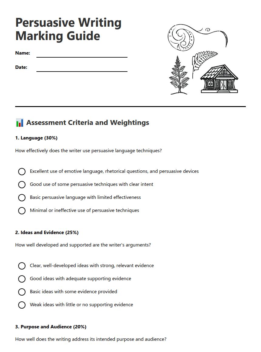 Persuasive Writing Marking Guide worksheet preview
