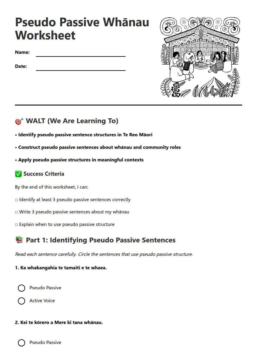 Pseudo Passive Whānau Worksheet worksheet preview