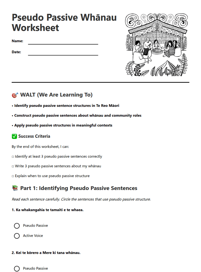 Pseudo Passive Whānau Worksheet