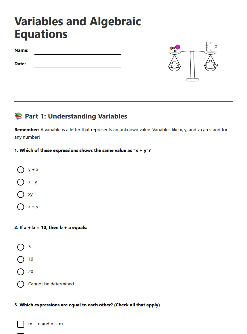 Variables and Algebraic Equations worksheet preview