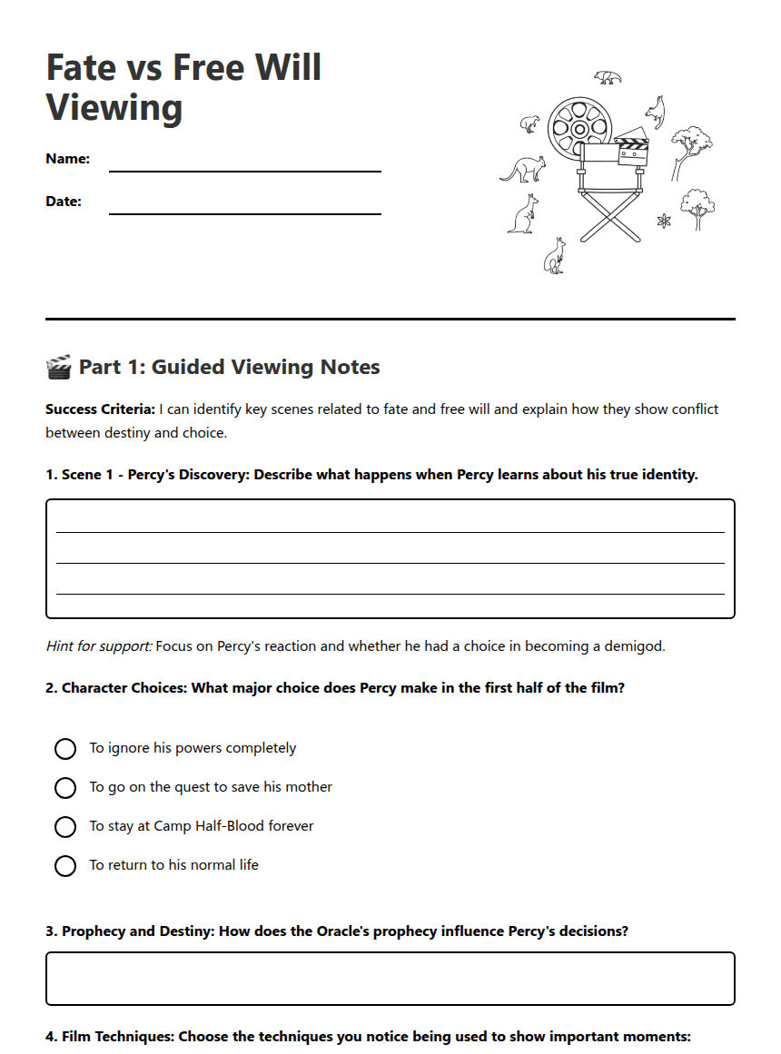Fate vs Free Will Viewing worksheet preview