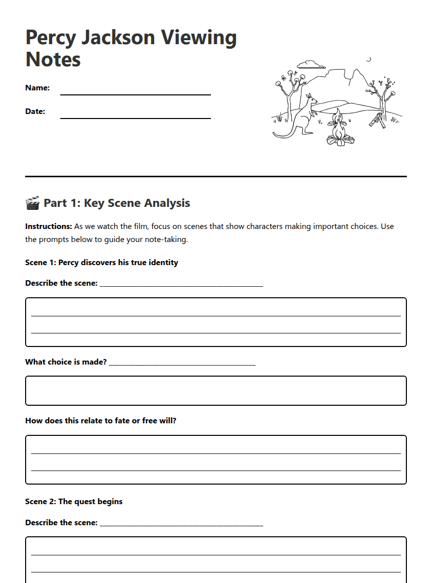 Percy Jackson Viewing Notes worksheet preview