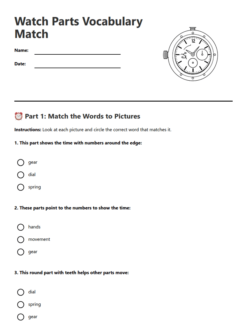 Watch Parts Vocabulary Match