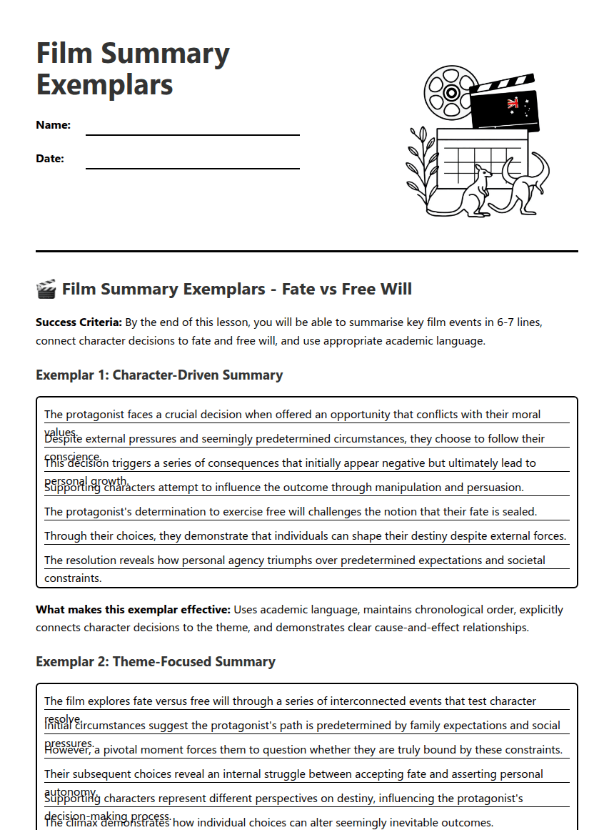 Film Summary Exemplars worksheet preview