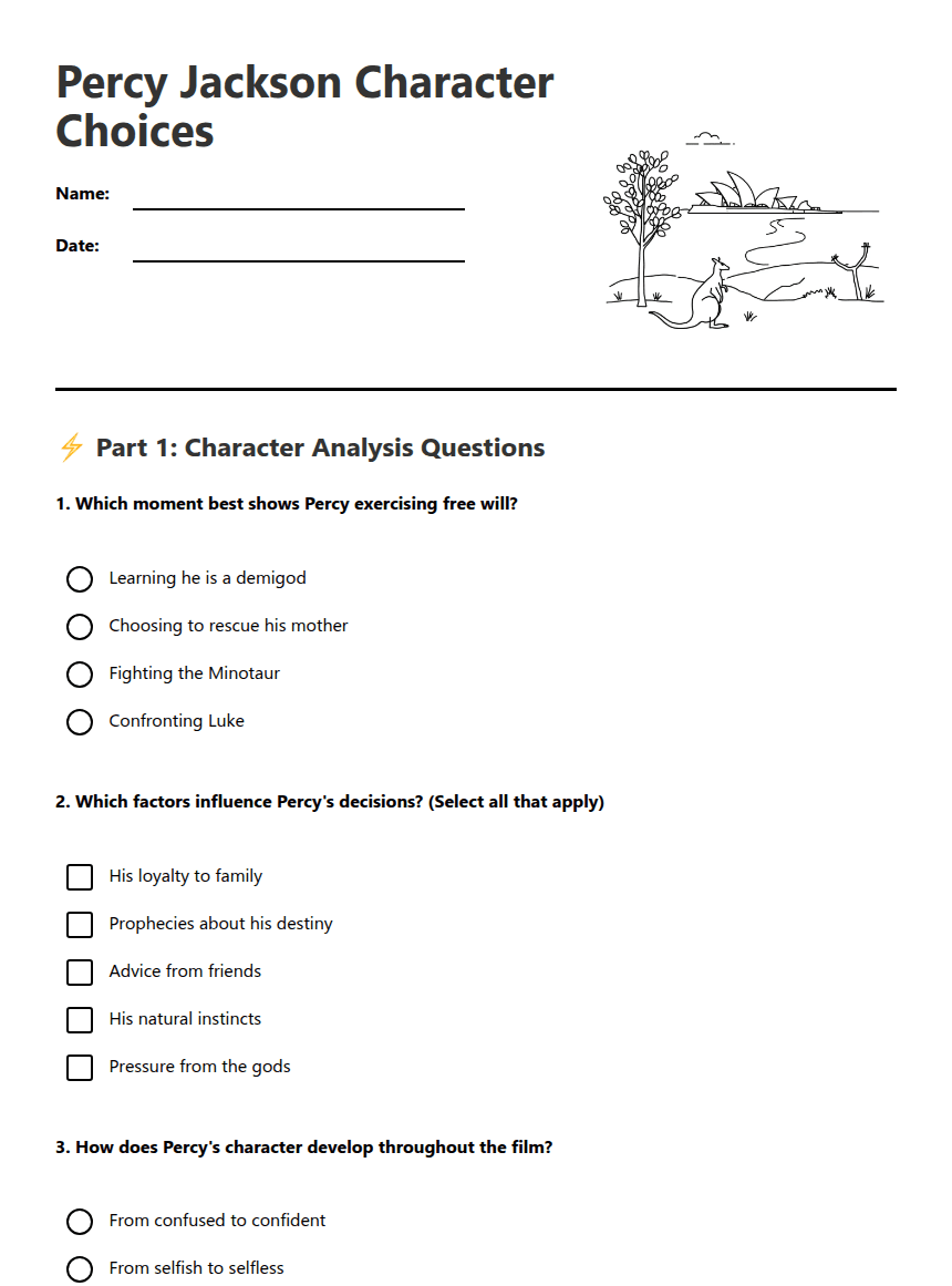 Percy Jackson Character Choices worksheet preview