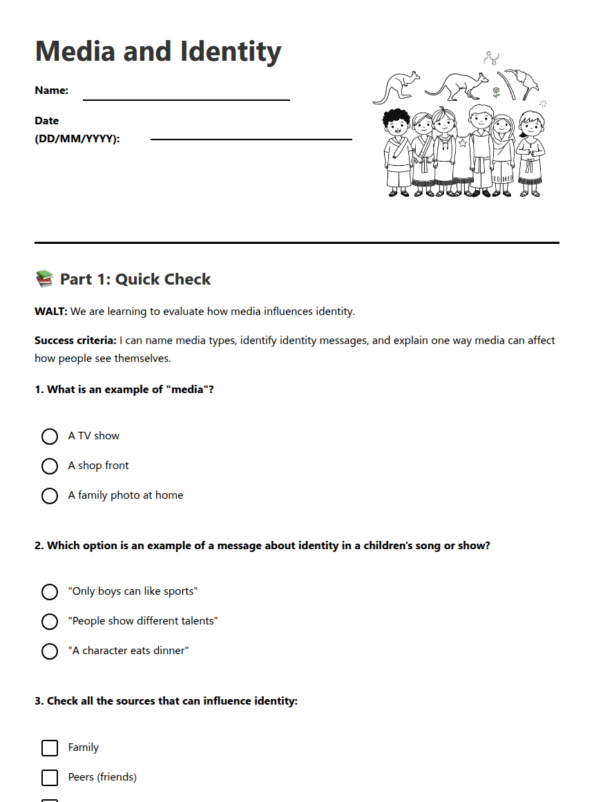 Media and Identity worksheet preview