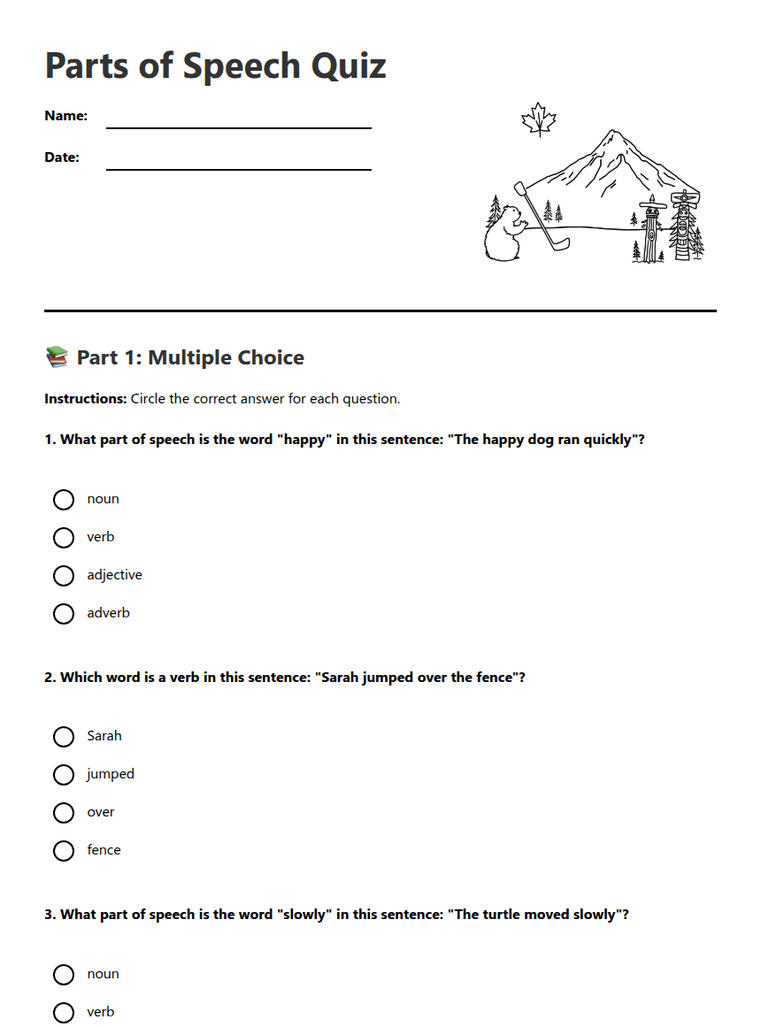 Parts of Speech Quiz worksheet preview