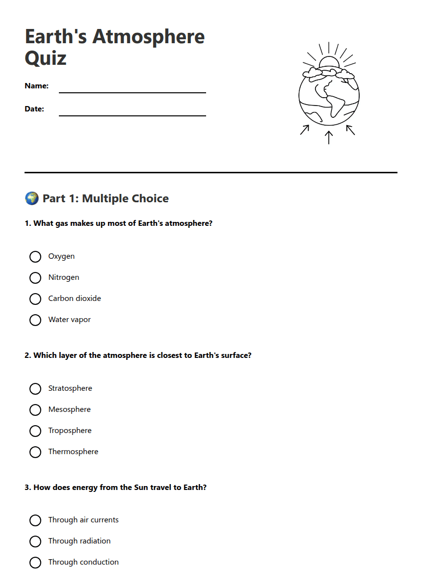 Earth's Atmosphere Quiz worksheet preview