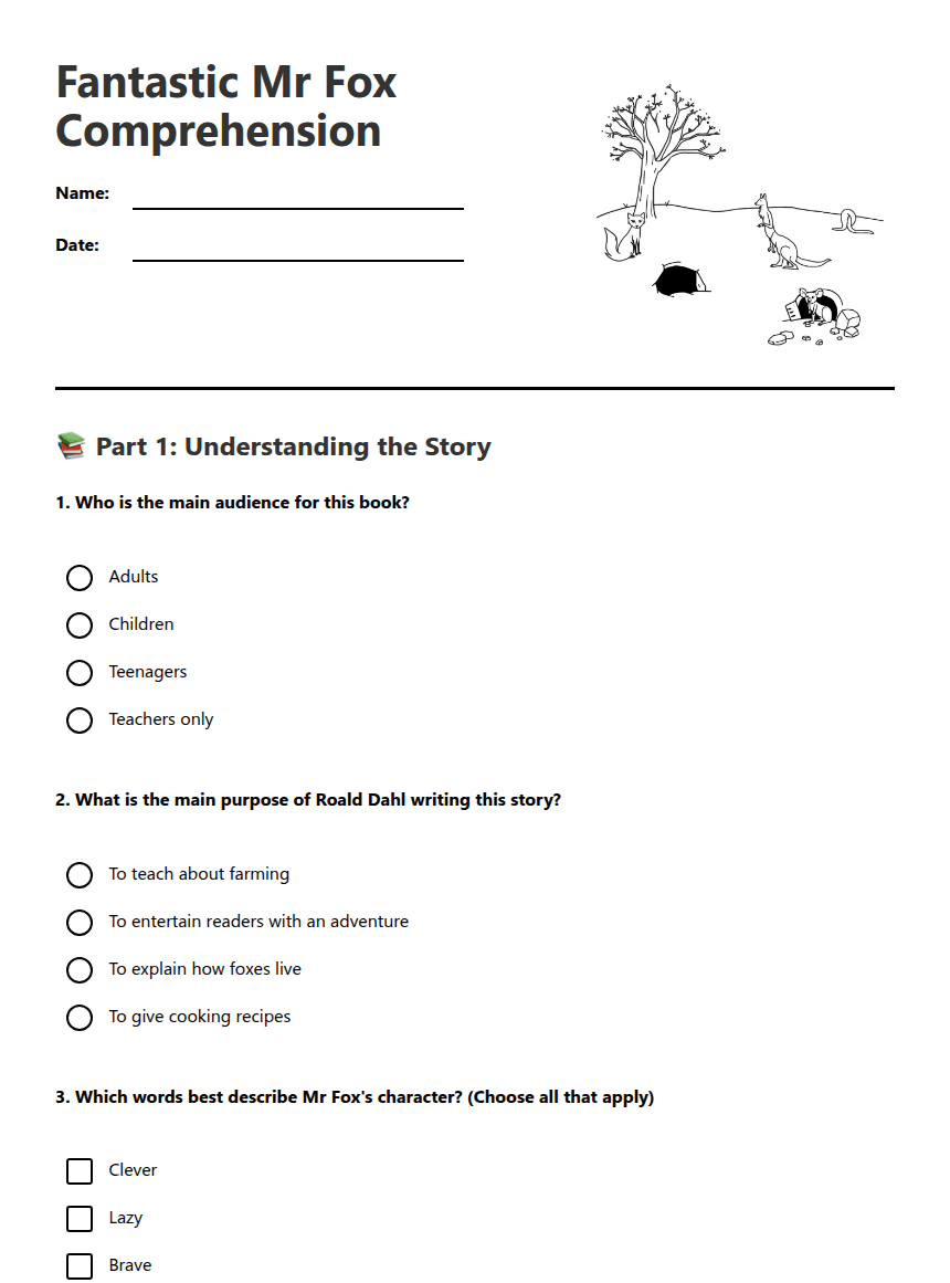 Fantastic Mr Fox Comprehension worksheet preview