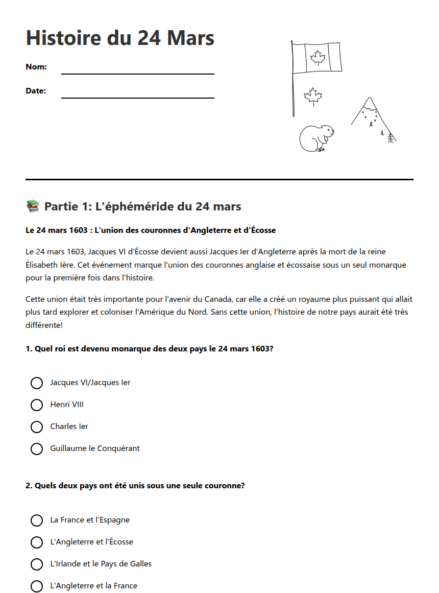 Histoire du 24 Mars worksheet preview