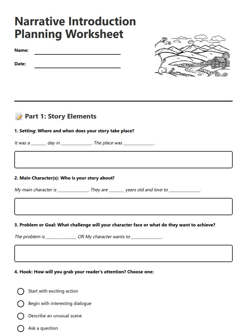 Narrative Introduction Planning Worksheet worksheet preview