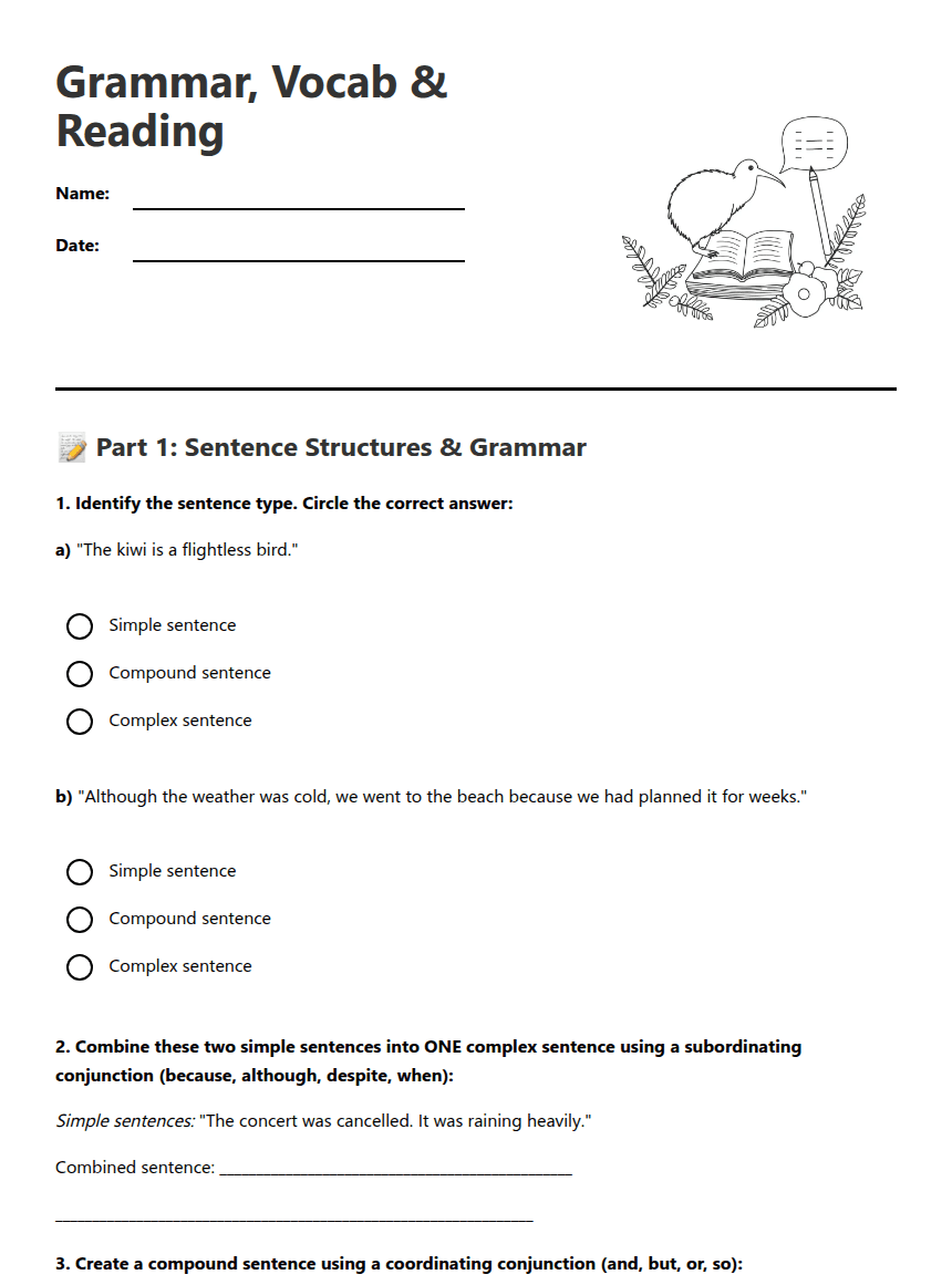 Grammar, Vocab & Reading worksheet preview