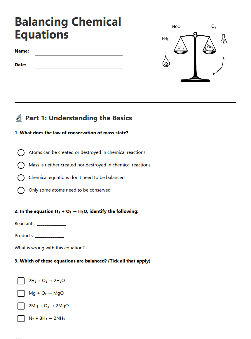 Balancing Chemical Equations worksheet preview