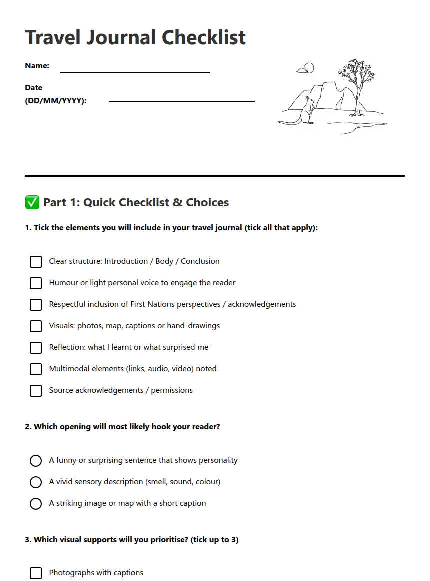 Travel Journal Checklist worksheet preview