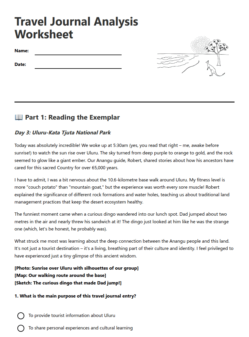 Travel Journal Analysis Worksheet worksheet preview