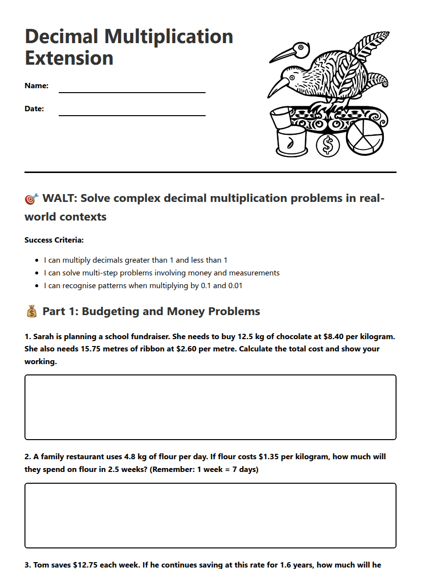 Decimal Multiplication Extension worksheet preview