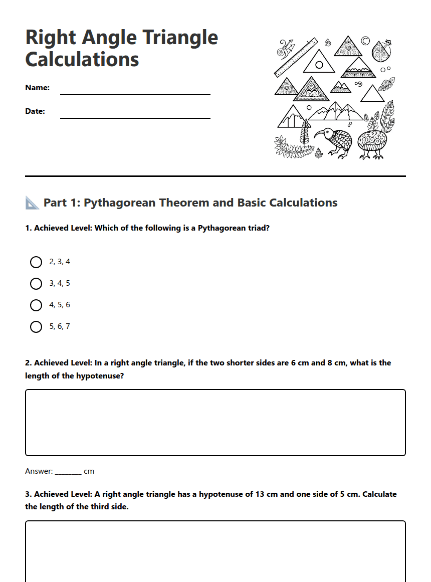 Right Angle Triangle Calculations worksheet preview