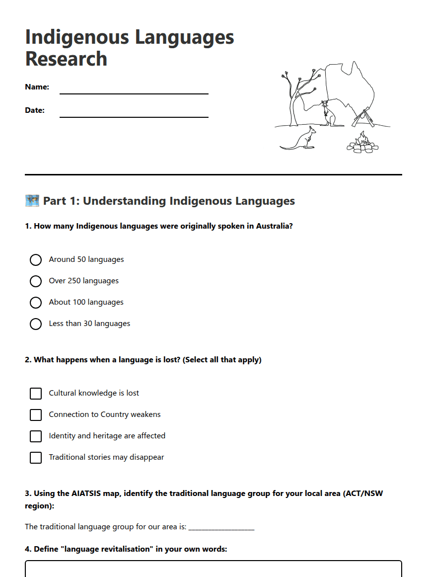 Indigenous Languages Research worksheet preview
