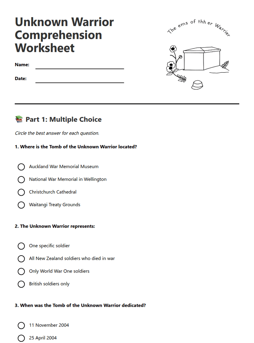 Unknown Warrior Comprehension Worksheet