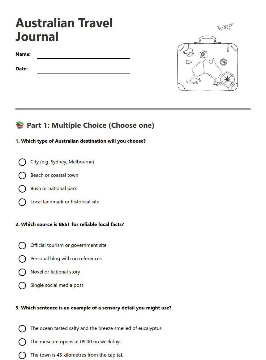Australian Travel Journal worksheet preview