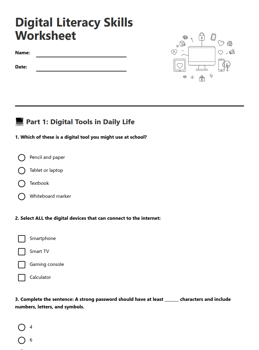 Digital Literacy Skills Worksheet worksheet preview