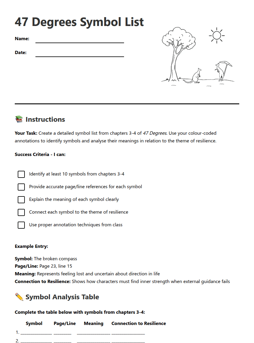 Imagery and Symbol List worksheet preview