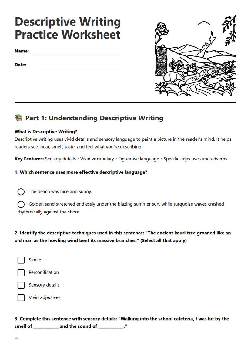 Descriptive Writing Practice Worksheet